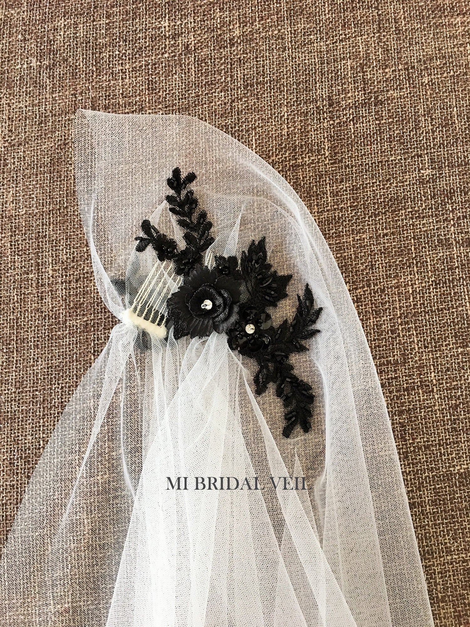 Cap Wedding Veil, Juliet Cap Veil, Vintage Style Veil, Beaded Black Wedding Veil, Boho Bridal Veil