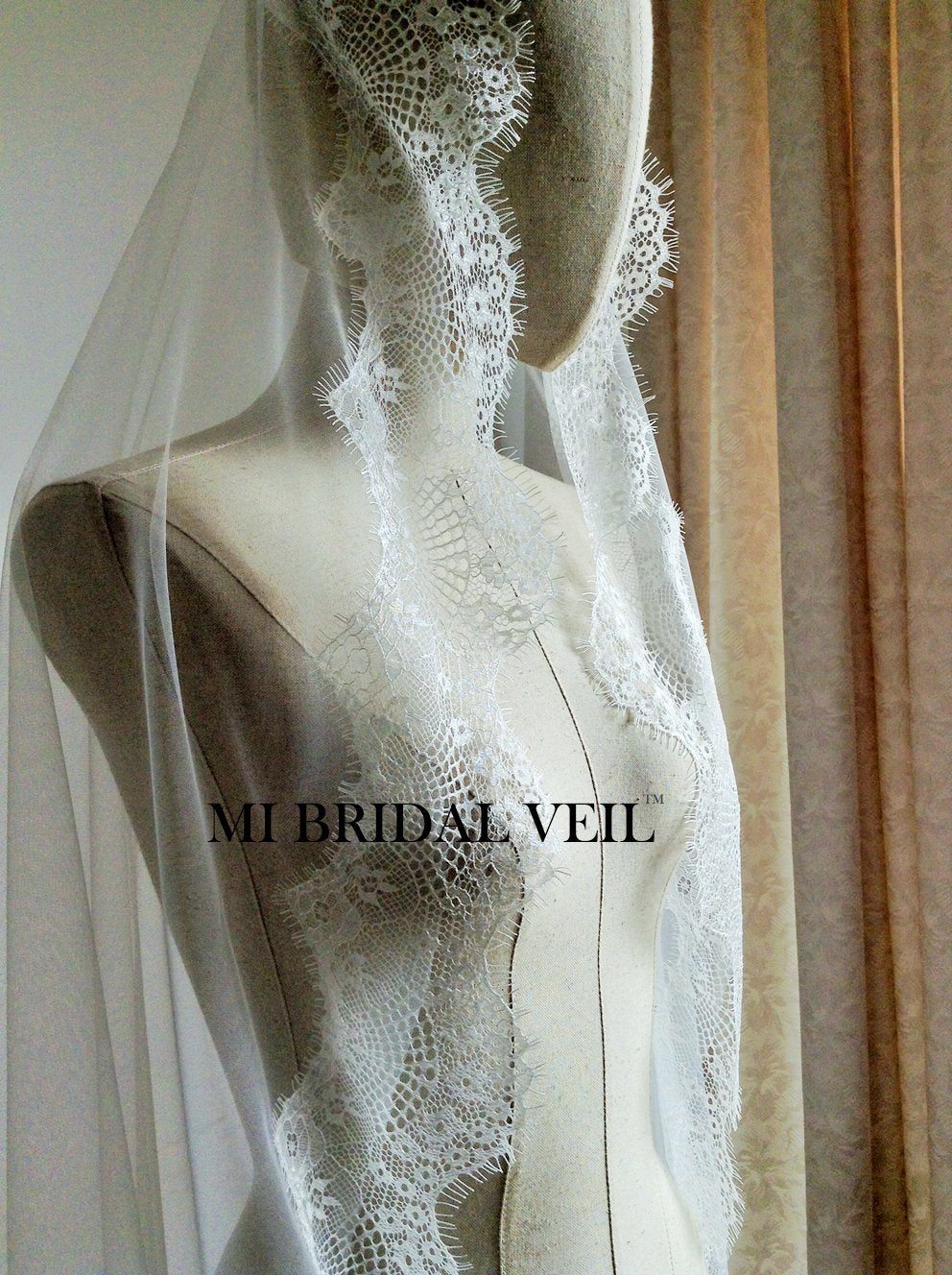 Cathedral Lace Wedding Veil, Eyelash Lace Veil with Blusher, Mi Bridal
