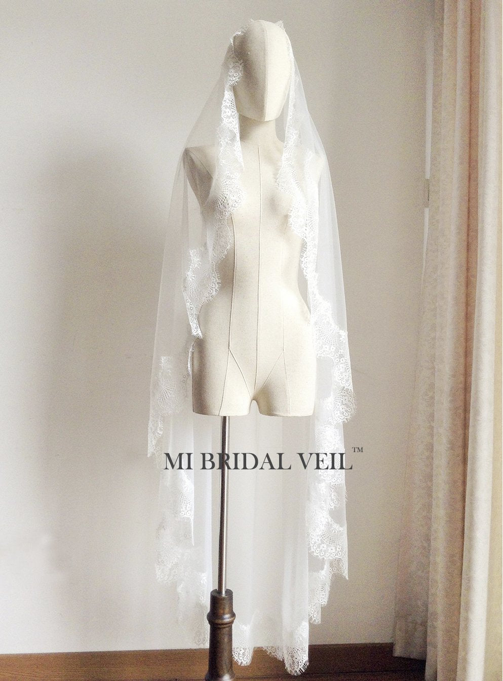 Cathedral Lace Wedding Veil, Eyelash Lace Veil with Blusher, Mi Bridal