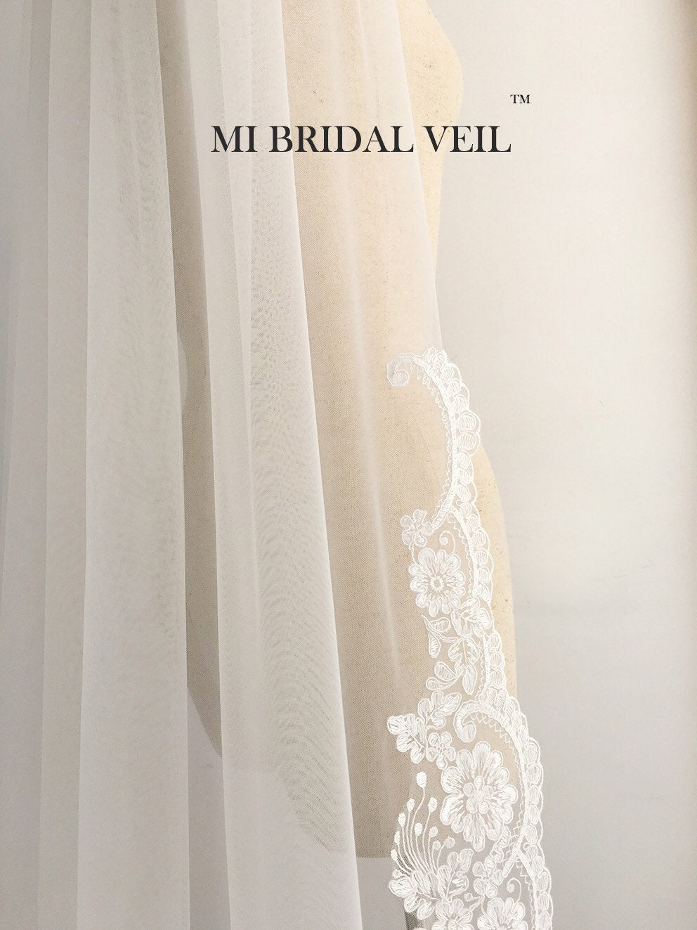 Cathedral Lace Wedding Veil, Vintage Inspired Rose Lace at Hip, Mi Bridal