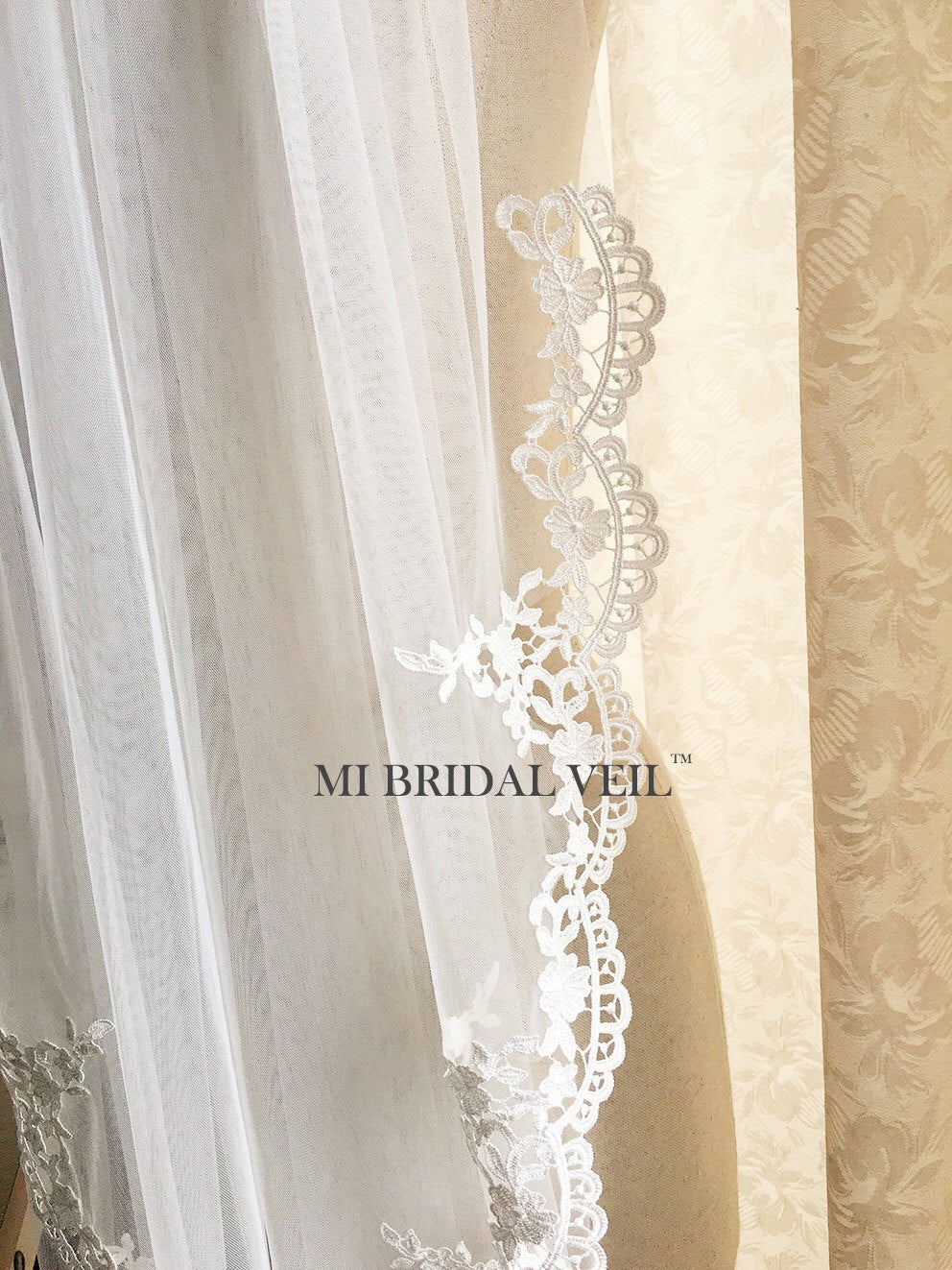 Lace Wedding Veil, Venice Crochet Fingertip Lace Bridal Veil, Lace at Chest, Mi Bridal