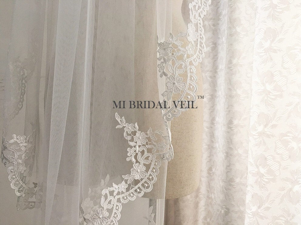 Lace Wedding Veil, Venice Crochet Lace Bridal Veil Fingertip, in Ivory / White / Black, Mi Bridal