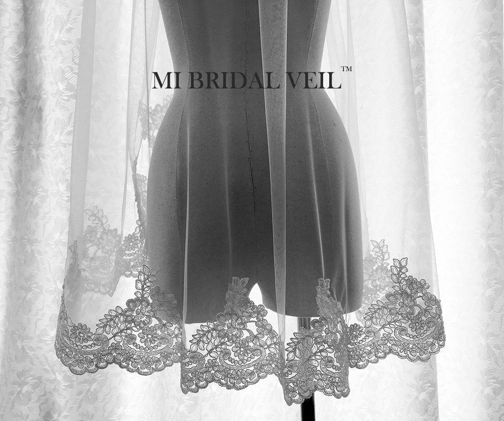 Lace Wedding Veil, Partial Lace at Chest, Rose Lace Veil Fingertip, Mi Bridal