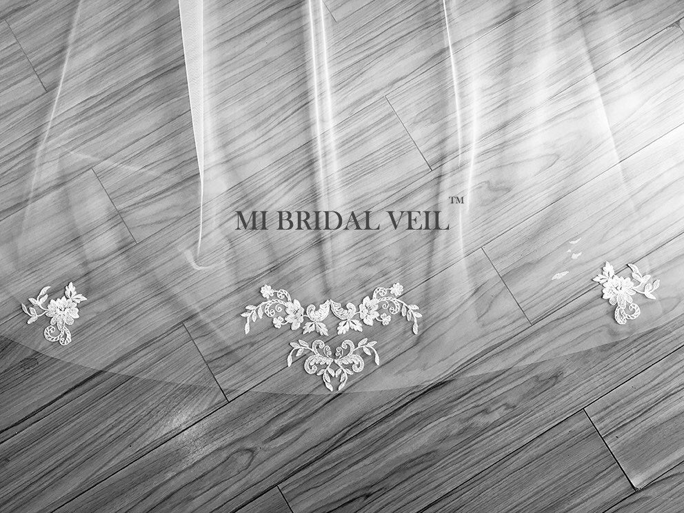 Lace Wedding Veil, Silver Lace Applique Chapel Lace Veil, Mi Bridal
