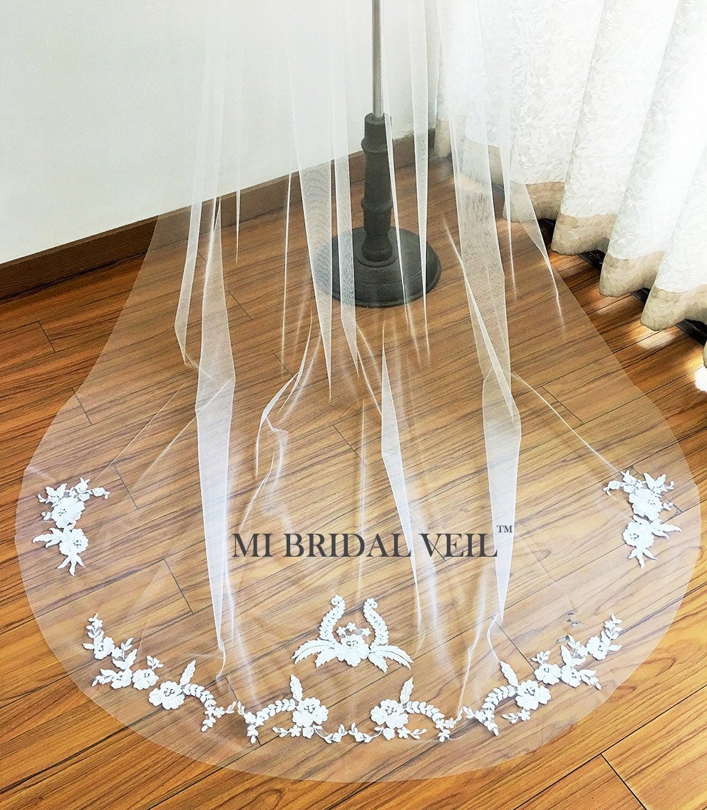 Lace Wedding Veil, Embroidered Lace Applique Chapel Lace Veil, Vintage Inspired Lace Bridal Veil, Mi Bridal