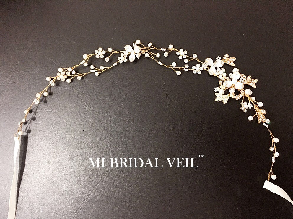 Gold Flower w Leaf Hair Vine, Bridal Headpieces Mi Bridal