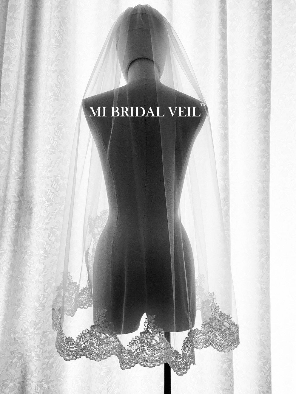 Lace Wedding Veil, Partial Lace at Chest, Rose Lace Veil Fingertip, Mi Bridal