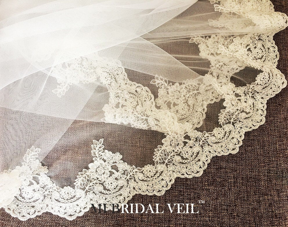 Lace Wedding Veil, Partial Lace at Chest, Rose Lace Veil Fingertip, Mi Bridal