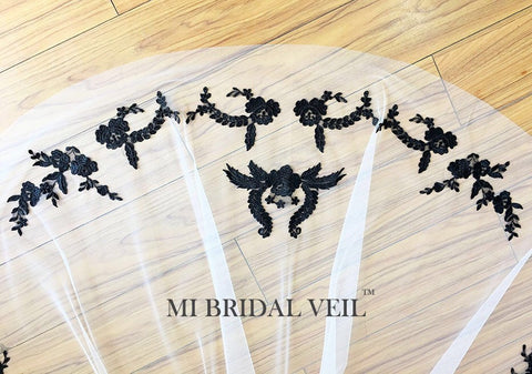 Black Embroidere Lace Chapel Wedding Veil, Vintage Inspired Lace Veil, Mi Bridal