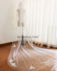Cathedral Lace Wedding Veil, Lace Appliqués Bridal Veil w Blusher Veil, Mi Bridal