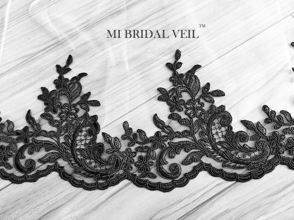 Black Cathedral Lace Veil, Lace from Knee, Mi Bridal Veil