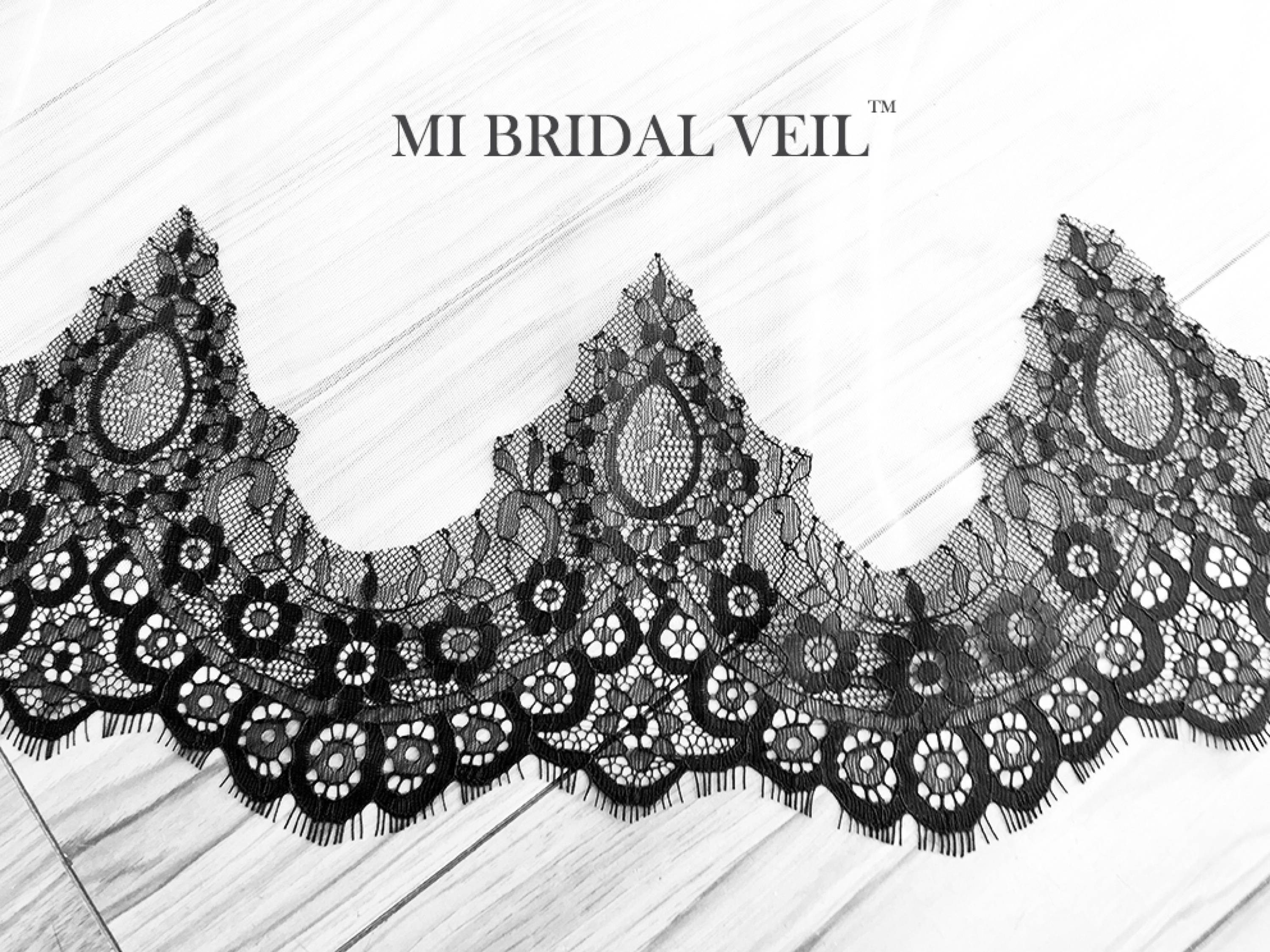 Black Lace Wedding Veil Cathedral, Lace on Bottom, Mi Bridal