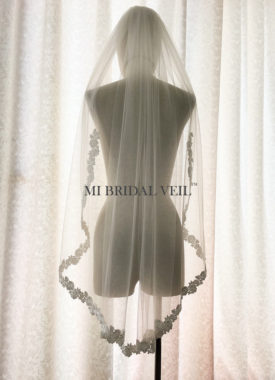 Lace Wedding Veil, Venice Rose Bridal Veil Lace at Chest Fingertip Mi Bridal