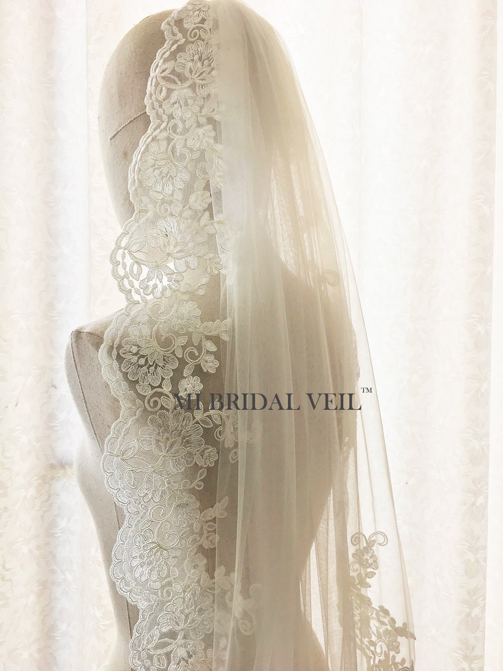 Lace Wedding Veil, Vintage Inspired Rose Lace Single Tier Bridal Veil, Mi Bridal