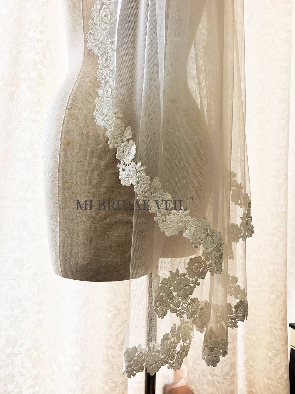 Lace Wedding Veil, Venice Rose Bridal Veil Lace at Chest Fingertip Mi Bridal