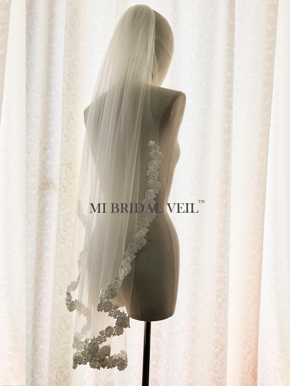 Lace Wedding Veil, Venice Rose Bridal Veil Lace at Chest Fingertip Mi Bridal