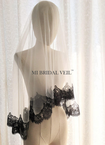 Spanish Mantilla Wedding Veil, Lace Veil with Blusher, Black Bridal Veil Mi Bridal