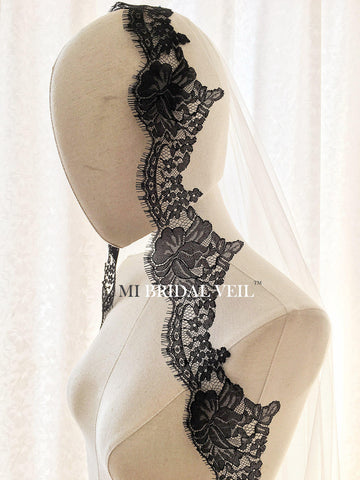 Spanish Mantilla Wedding Veil, Lace Veil with Blusher, Black Bridal Veil Mi Bridal