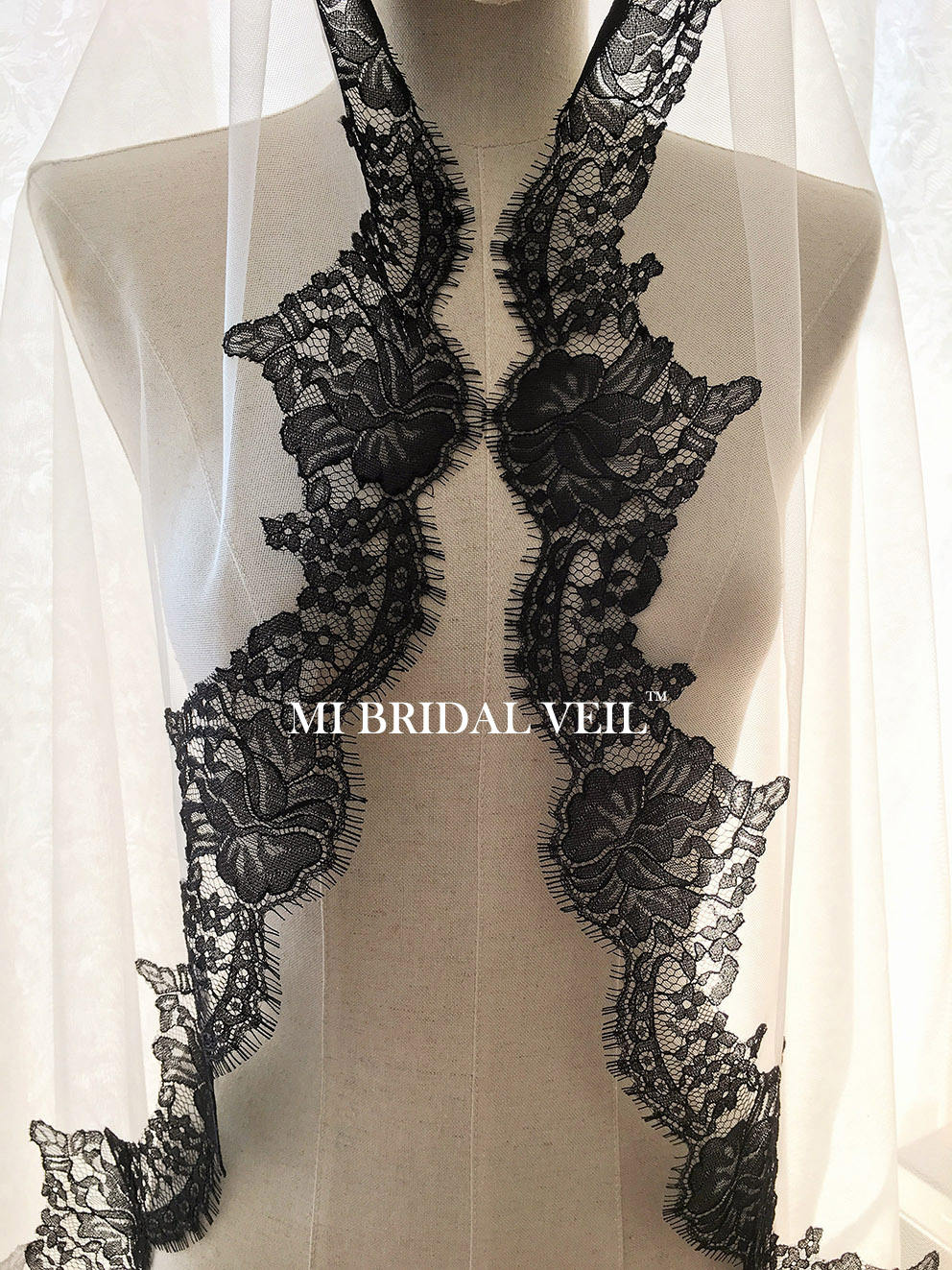 Spanish Mantilla Wedding Veil, Lace Veil with Blusher, Black Bridal Veil Mi Bridal