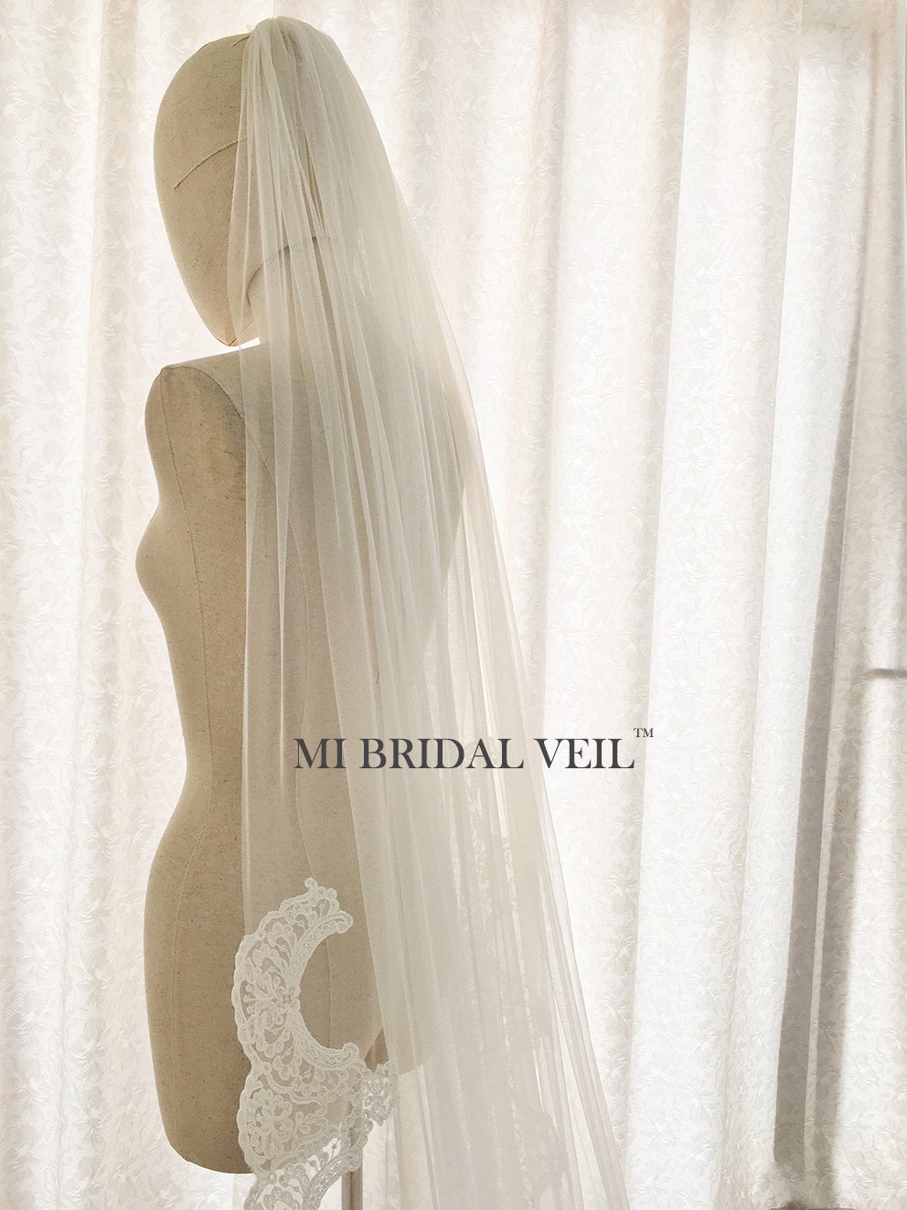Cathedral Wedding Veil, Edwardian Inspired Lace at Hip, Mi Bridal
