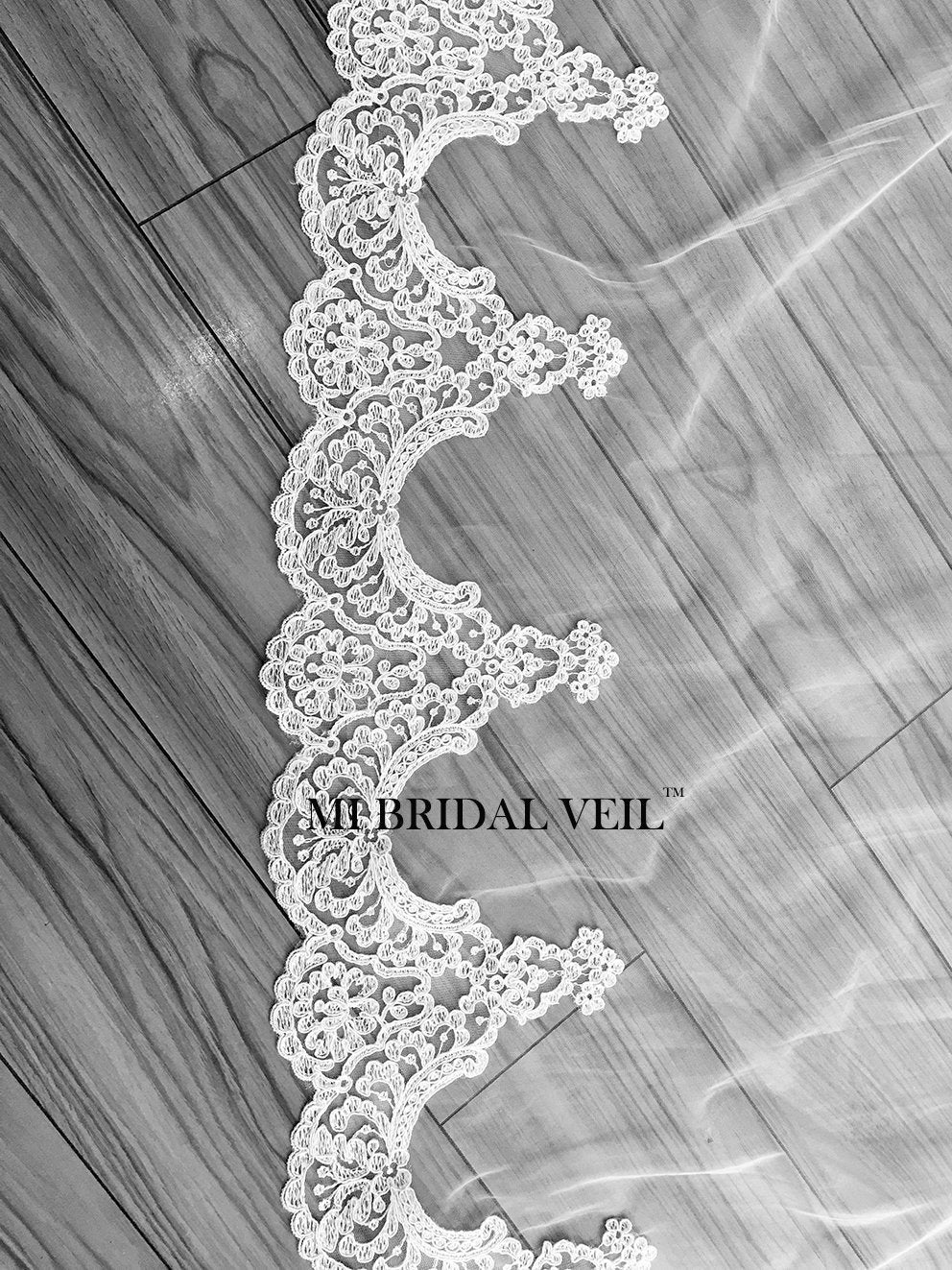 Cathedral Wedding Veil, Edwardian Inspired Lace at Hip, Mi Bridal