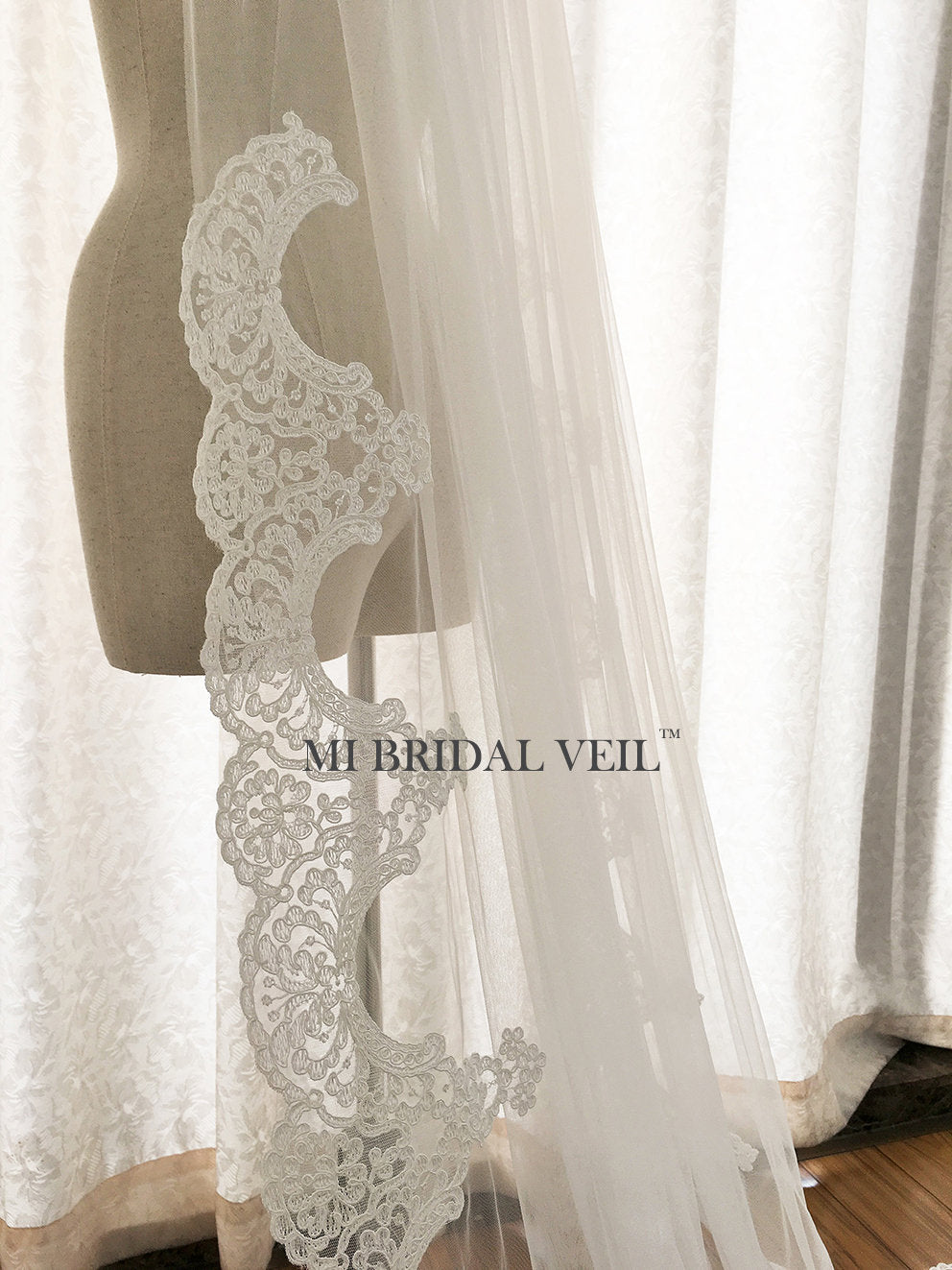 Cathedral Wedding Veil, Edwardian Inspired Lace at Hip, Mi Bridal