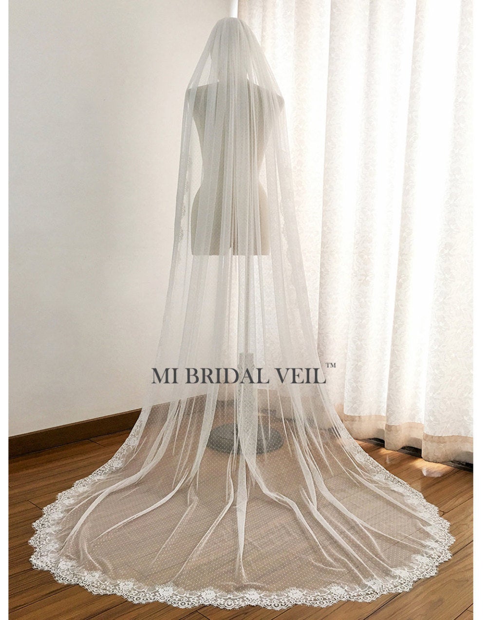 Polka Dotted Tulle Veil, Chapel Lace Wedding Veil, Mi Bridal Veil