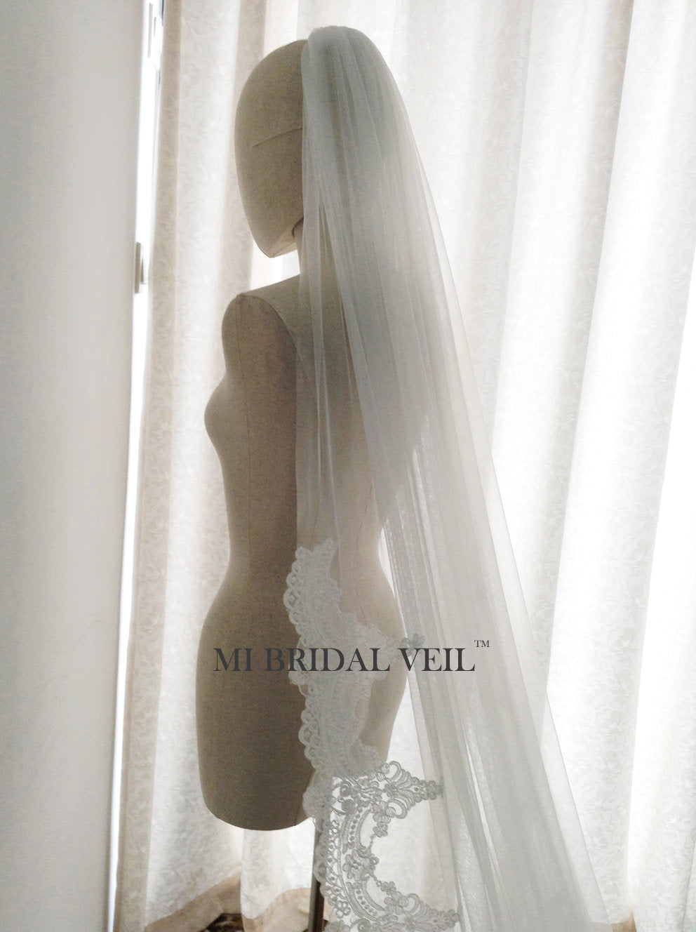 Cathedral Lace Wedding Veil, Edwardian Inspired Lace at Elbow, Mi Bridal