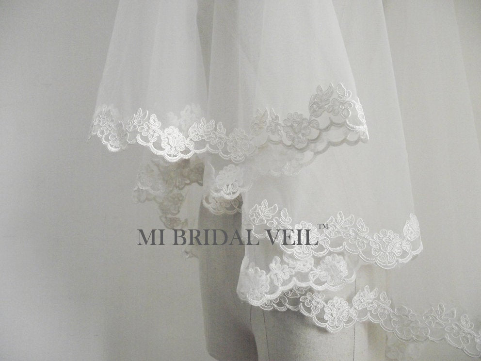 Lace Wedding Veil, Mantilla Rose Lace Veil, Bridal Veil w Blusher Fingertip, Mi Bridal