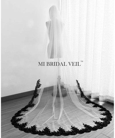 Black Cathedral Lace Veil, Lace from Knee, Mi Bridal Veil