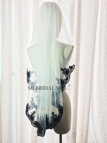 Black Lace Wedding Veil, Lace at Chest, Mi Bridal