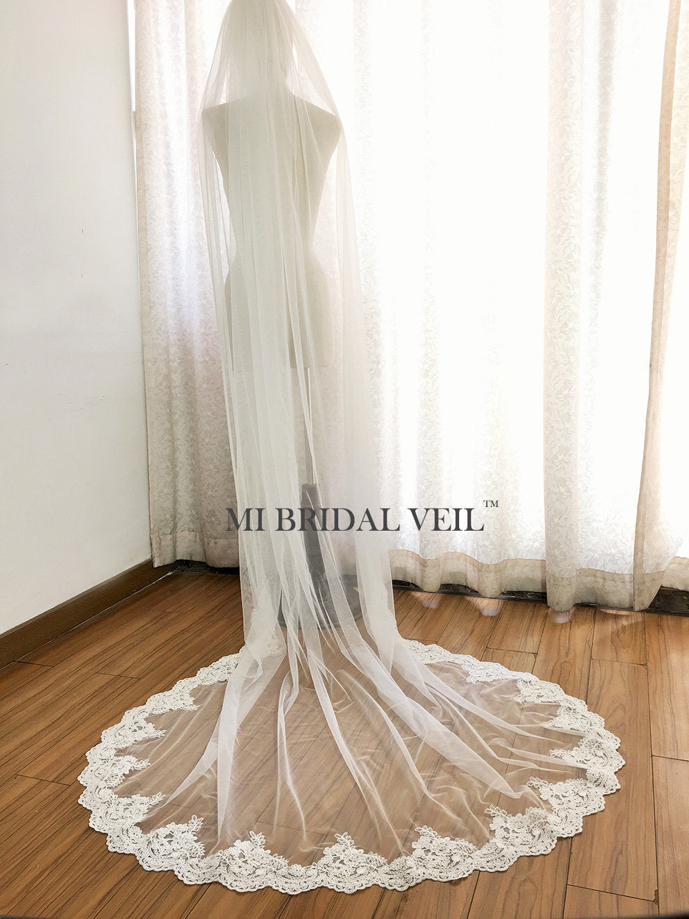 Cathedral Rose Lace Wedding Veil Partial Lace on Bottom, Mi Bridal