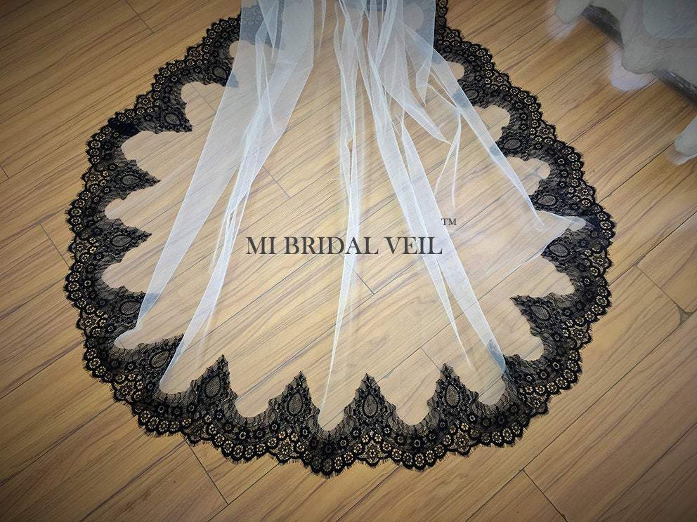 Black Lace Wedding Veil Cathedral, Lace on Bottom, Mi Bridal