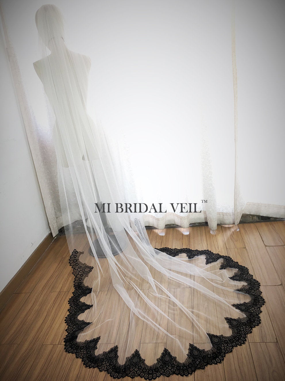 Black Lace Wedding Veil Cathedral, Lace on Bottom, Mi Bridal