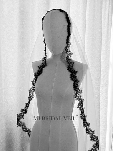 Black Chantilly Lace Mantilla Wedding Veil, Cathedral Bridal Veil, Mi Bridal