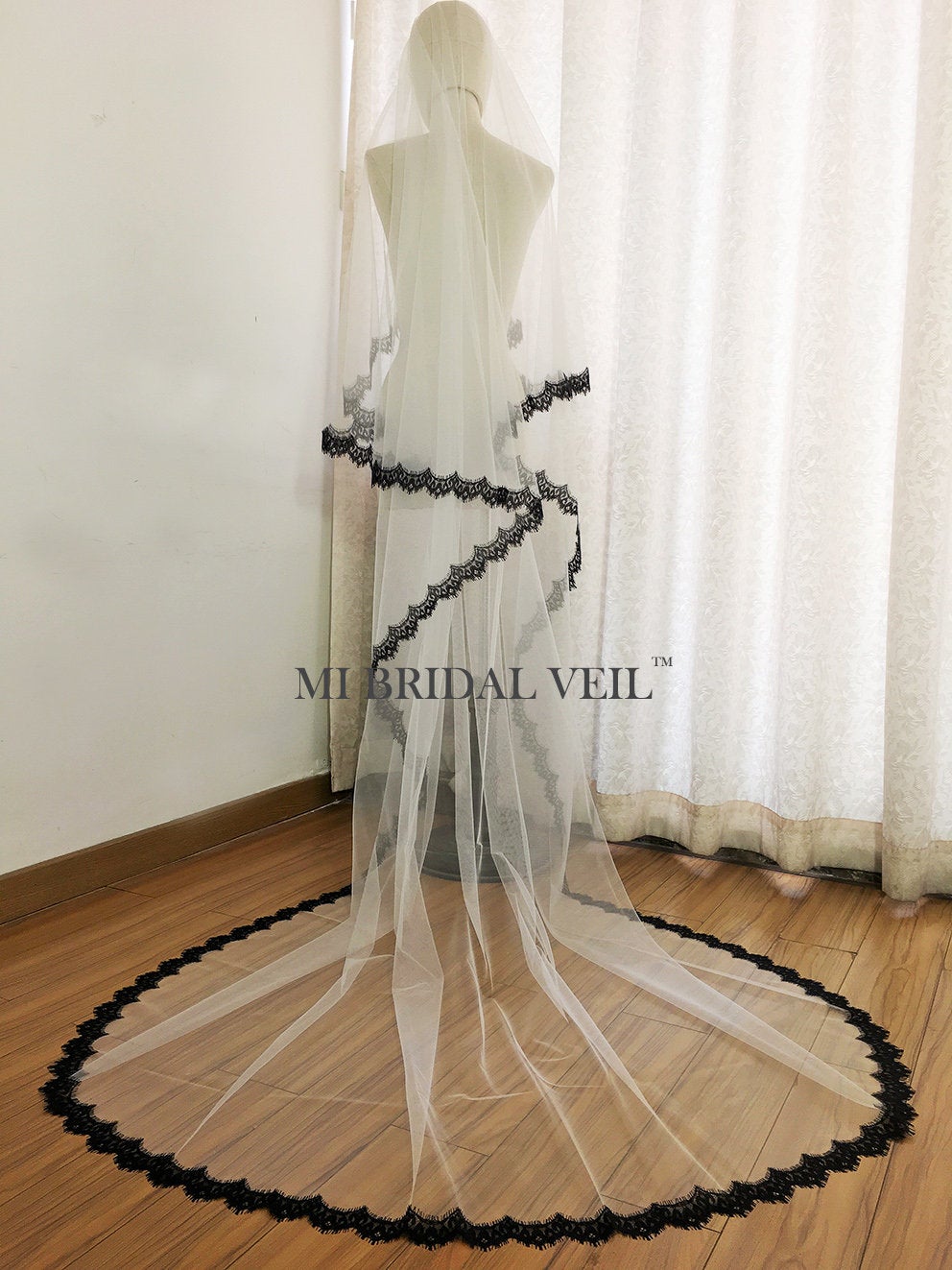 Black Chantilly Lace Mantilla Wedding Veil, Cathedral Bridal Veil, Mi Bridal
