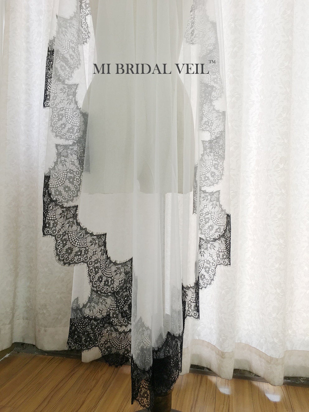 Black Mantilla Lace Wedding Veil, Bridal Veil with Blusher, Mi Bridal