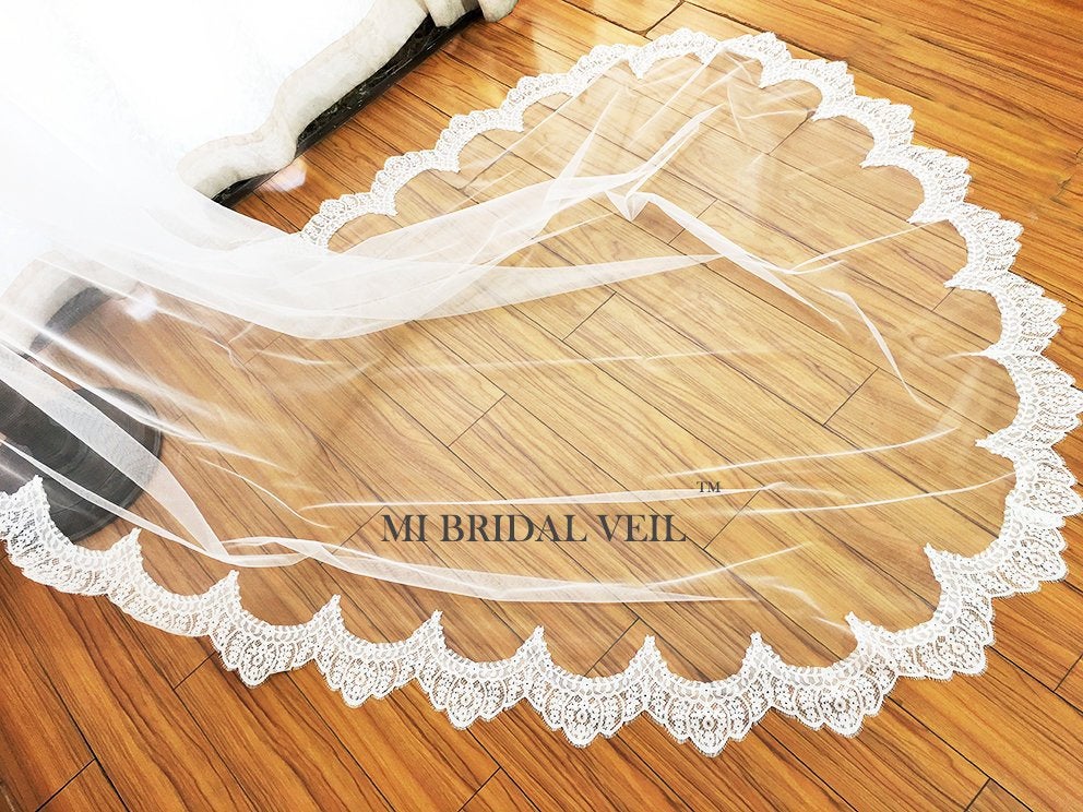 Cathedral Wedding Veil, Eyelash Chantilly Lace Bridal Lace Veil, Lace at Fingertip, Mi Bridal
