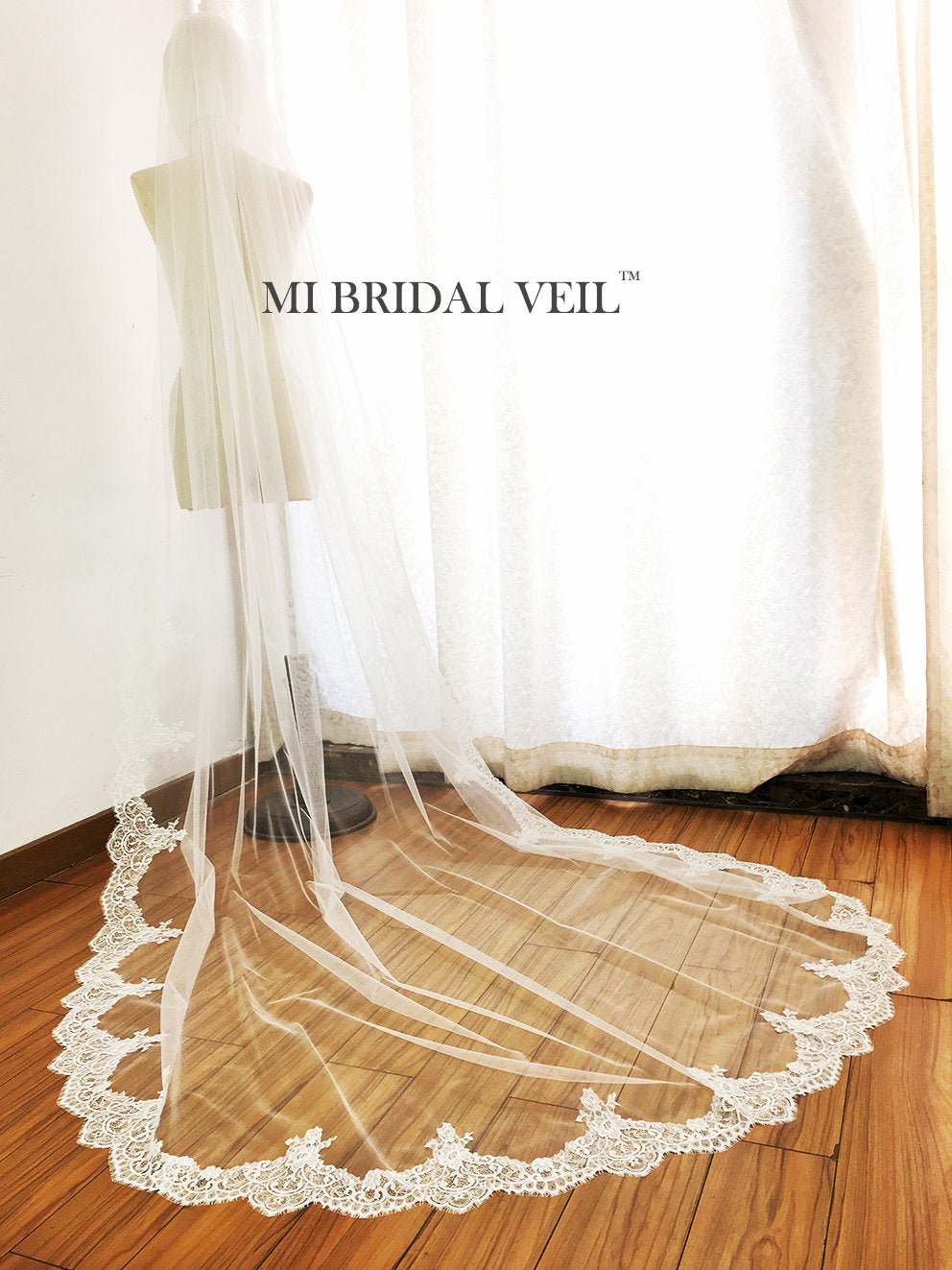 Cathedral Lace Wedding Veil, Eyelash Chantilly Lace at Fingertip, Mi Bridal