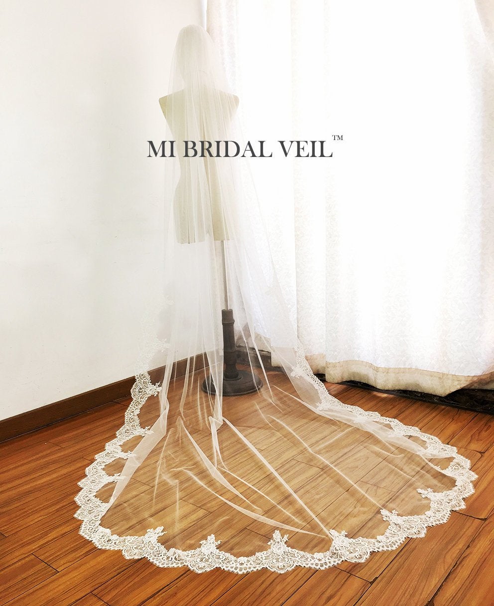 Cathedral Lace Wedding Veil, Eyelash Chantilly Lace at Fingertip, Mi Bridal