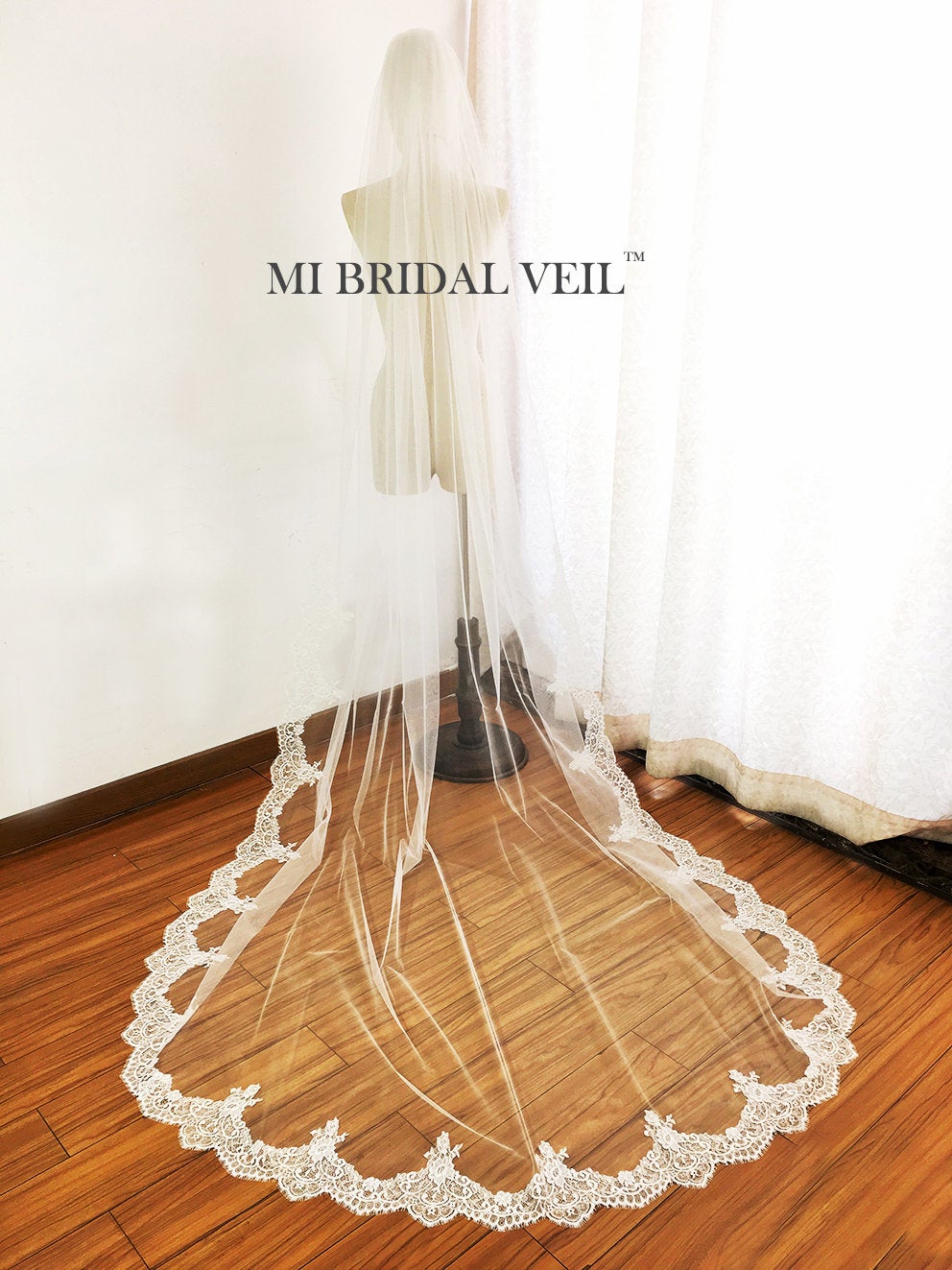 Cathedral Lace Wedding Veil, Eyelash Chantilly Lace at Fingertip, Mi Bridal