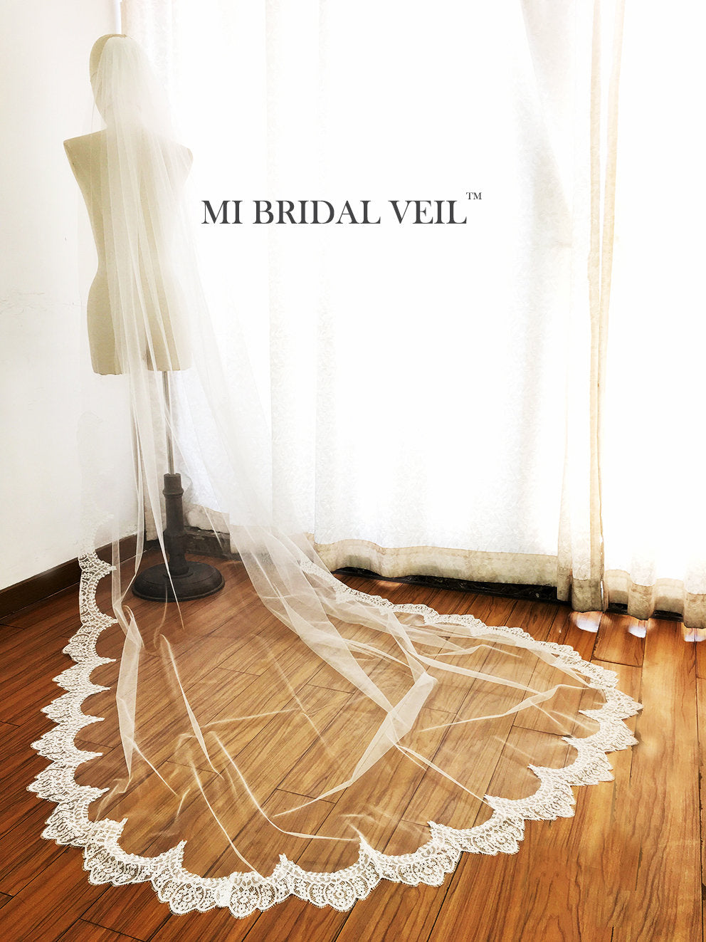 Boho Chapel Wedding Veil, Eyelash Chantilly Lace from Midway, Mi Bridal