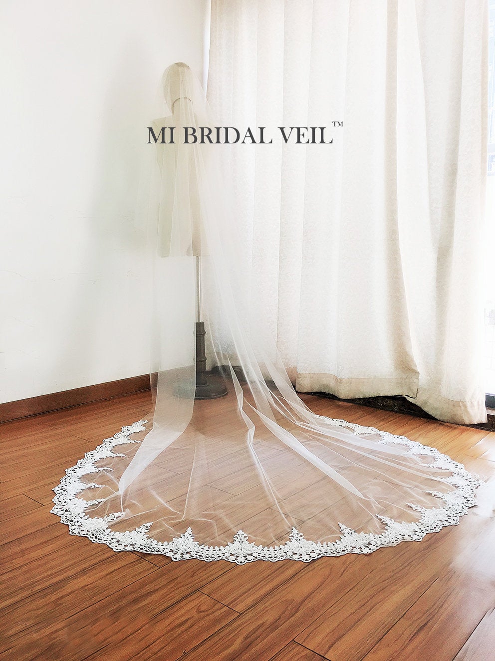 Cathedral Wedding Veil with Blusher, Venice Lace on Veil Bottom, Mi Bridal