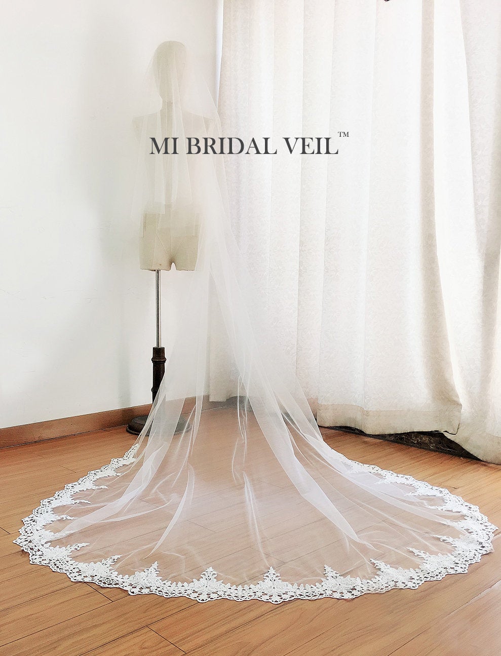 Cathedral Wedding Veil with Blusher, Venice Lace on Veil Bottom, Mi Bridal