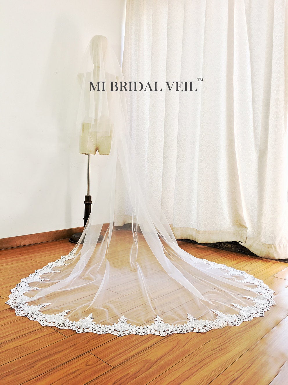 Cathedral Wedding Veil with Blusher, Venice Lace on Veil Bottom, Mi Bridal