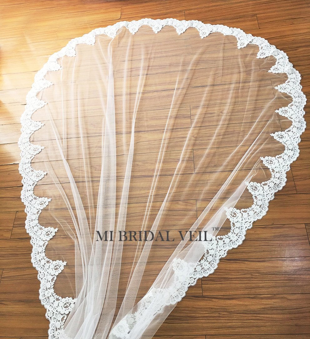 Mantilla Cathedral Wedding Veil, Beaded Edwardian Vintage Inspired Lace Bridal Veil, Mi Bridal
