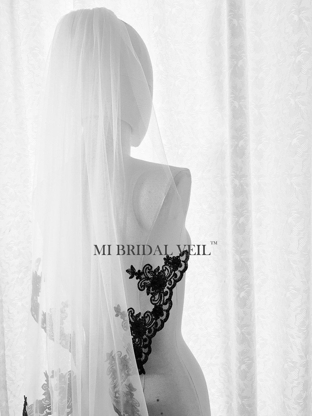 Black Lace Wedding Veil, Lace at Chest, Mi Bridal