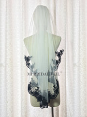 Black Lace Wedding Veil, Lace at Chest, Mi Bridal