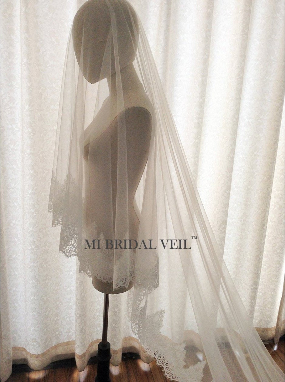 Cathedral Mantilla Lace Wedding Veil, Lace Veil with Blusher, Mi Bridal
