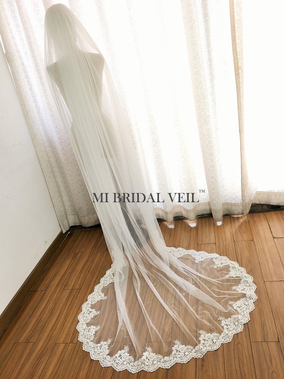 Cathedral Rose Lace Wedding Veil Partial Lace on Bottom, Mi Bridal